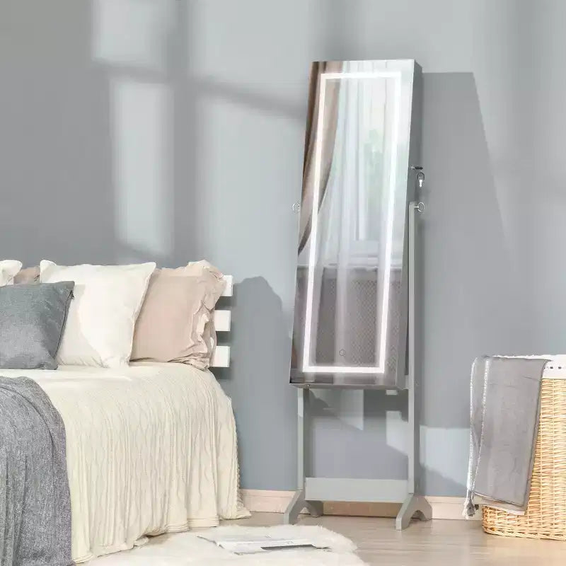 HOMCOM Armadio Portagioie con Specchio a Figura Intera e Luci LED, Organizer Gioielli con 4 Angoli Regolabili e Chiave