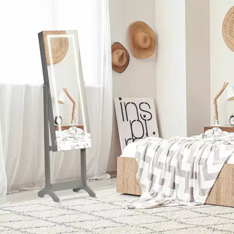 HOMCOM Armadio Portagioie con Specchio a Figura Intera e Luci LED, Organizer Gioielli con 4 Angoli Regolabili e Chiave