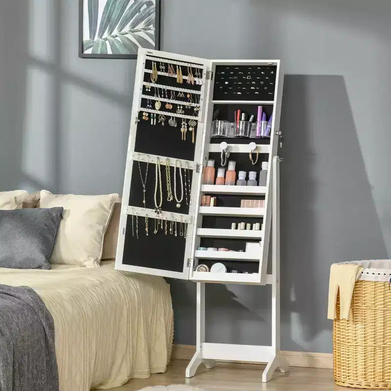 HOMCOM Armadio Portagioie con Specchio a Figura Intera e Luci LED, Organizer Gioielli con 4 Angoli Regolabili e Chiave