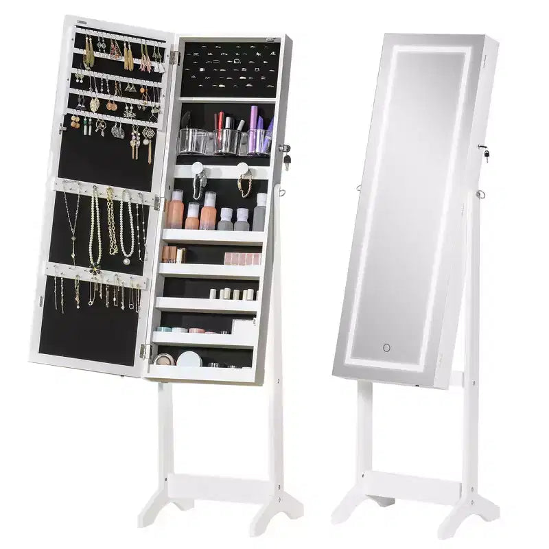 HOMCOM Armadio Portagioie con Specchio a Figura Intera e Luci LED, Organizer Gioielli con 4 Angoli Regolabili e Chiave