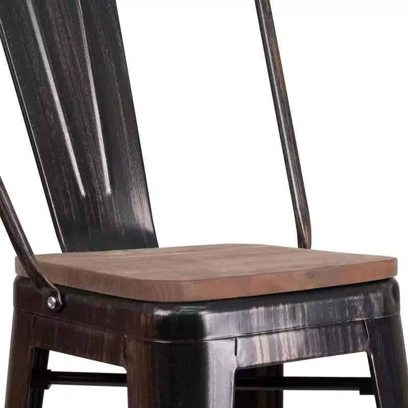 Sgabello da pranzo in metallo Merrick Lane con schienale a doghe curve e seduta in legno testurizzato