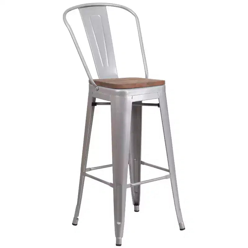 Merrick Lane Metal Dining Stool with Curved Slatted Back and Textured Wood Seat