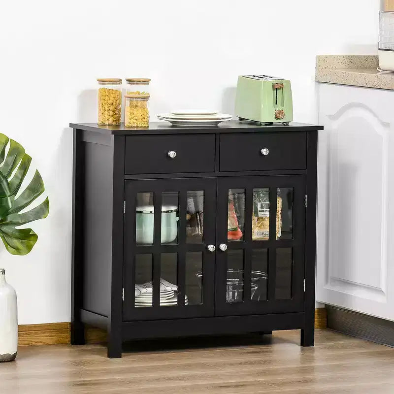 HOMCOM Credenza, Mobile Contenitore con Ante in Vetro, Ripiani Regolabili e 2 Cassetti per Cucina