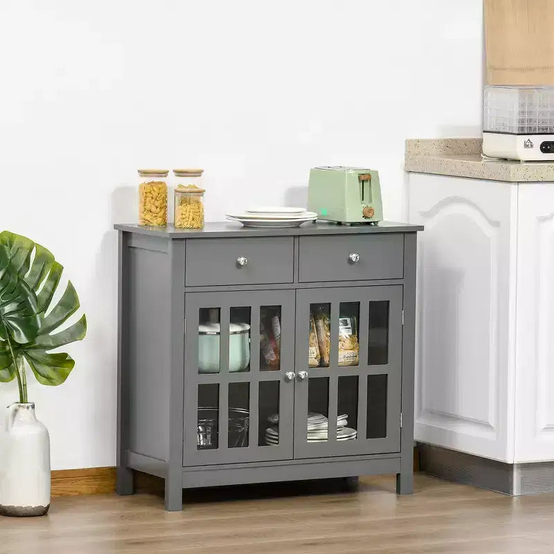 HOMCOM Credenza, Mobile Contenitore con Ante in Vetro, Ripiani Regolabili e 2 Cassetti per Cucina
