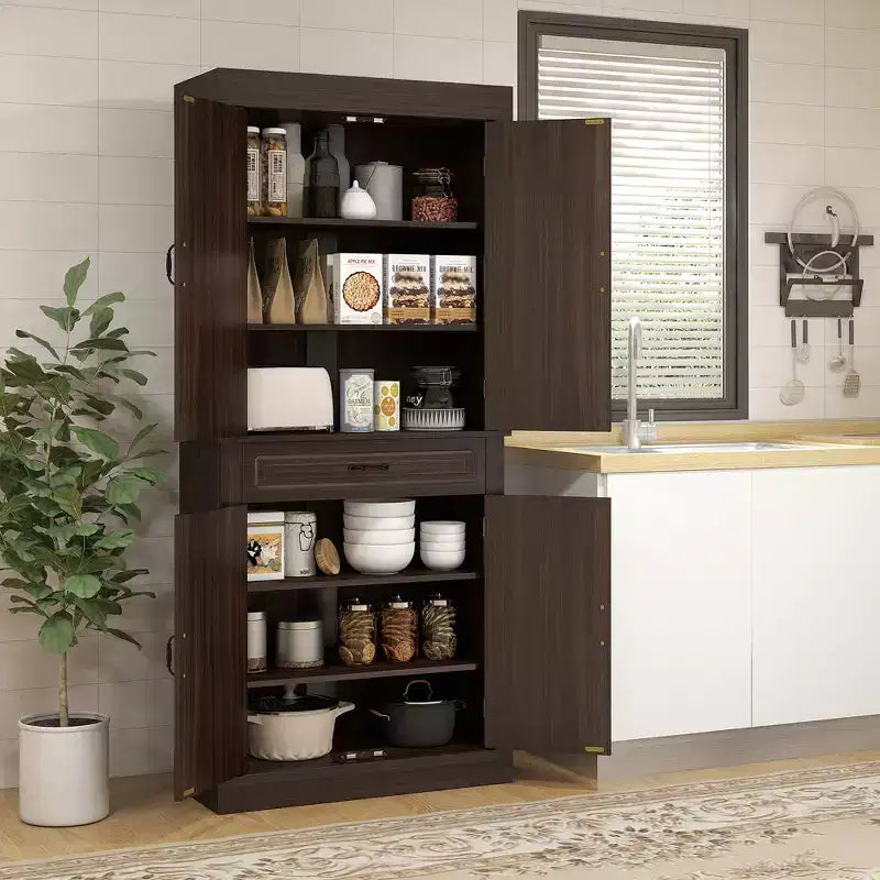 HOMCOM Dispensa da Cucina Autoportante da 180 cm con 4 Ante e 2 Grandi Armadietti, Mobile Contenitore Alto con Ampio Cassetto per Cucina Sala da Pranzo