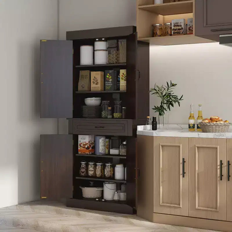 HOMCOM Dispensa da Cucina Autoportante da 180 cm con 4 Ante e 2 Grandi Armadietti, Mobile Contenitore Alto con Ampio Cassetto per Cucina Sala da Pranzo