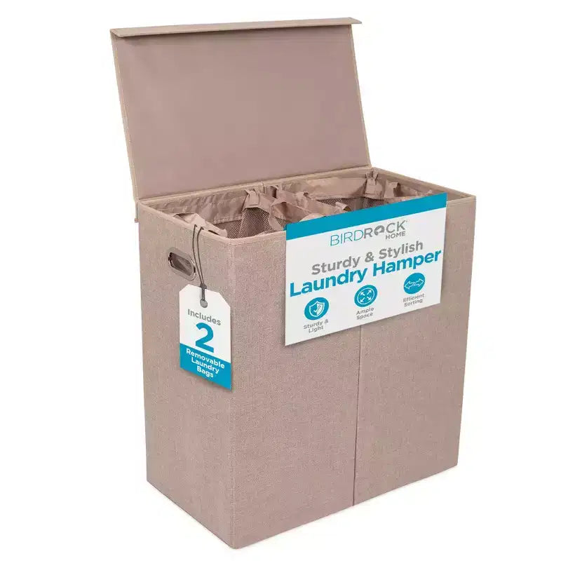 BirdRock Home Double Laundry Hamper with Lid and Removable Liner - Cream