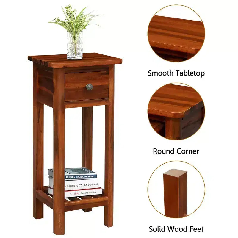 Costway Tavolino da Divano 2 Pezzi in Legno Massello di Acacia con Cassetto e Ripiano Aperto, Comodino Piccolo