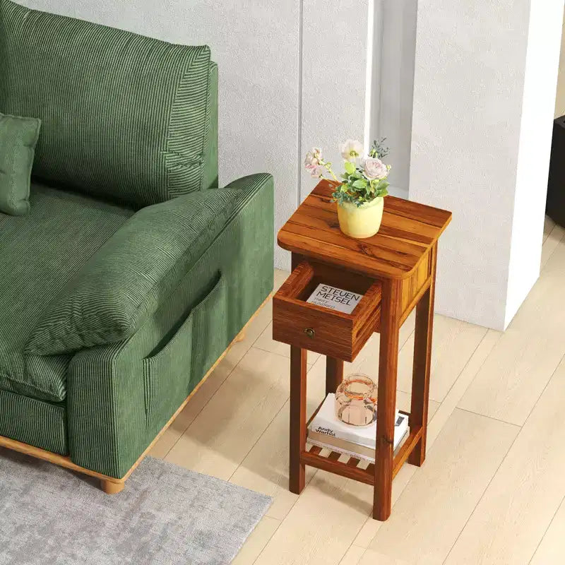 Costway Tavolino da Divano 2 Pezzi in Legno Massello di Acacia con Cassetto e Ripiano Aperto, Comodino Piccolo