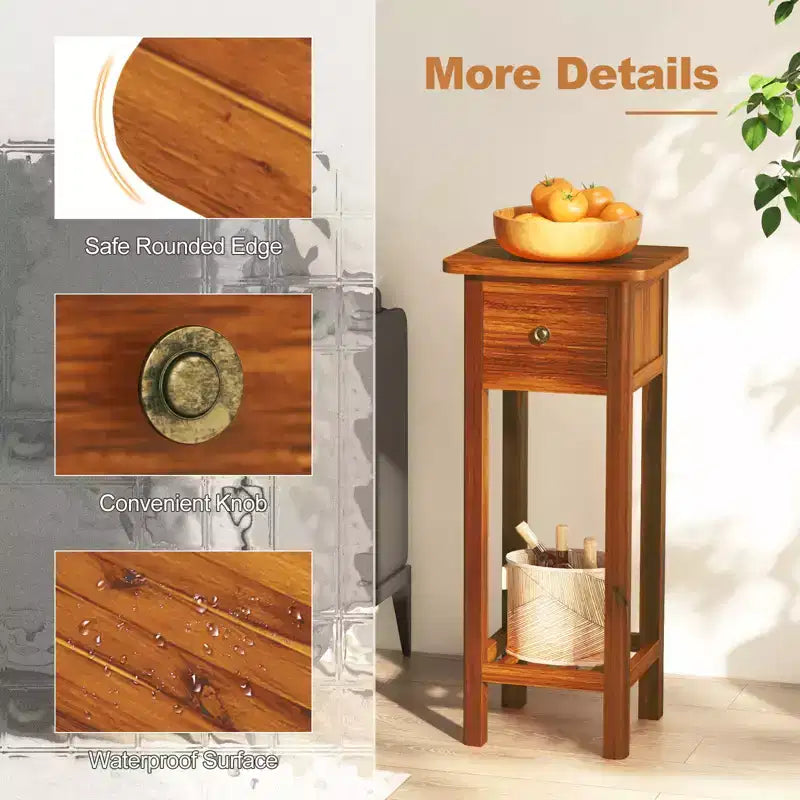 Costway Tavolino da Divano 2 Pezzi in Legno Massello di Acacia con Cassetto e Ripiano Aperto, Comodino Piccolo