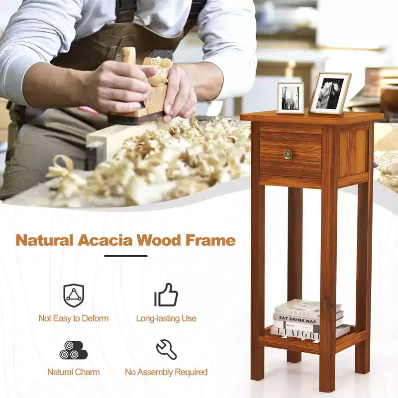 Costway Tavolino da Divano 2 Pezzi in Legno Massello di Acacia con Cassetto e Ripiano Aperto, Comodino Piccolo