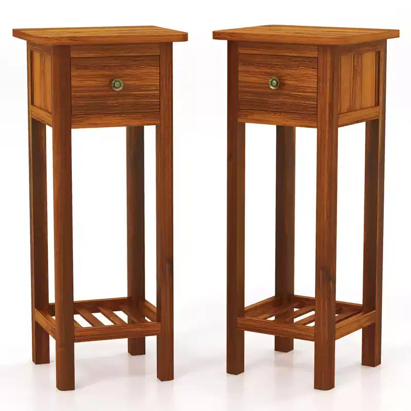 Costway Tavolino da Divano 2 Pezzi in Legno Massello di Acacia con Cassetto e Ripiano Aperto, Comodino Piccolo