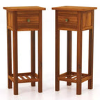 Costway Tavolino da Divano 2 Pezzi in Legno Massello di Acacia con Cassetto e Ripiano Aperto, Comodino Piccolo