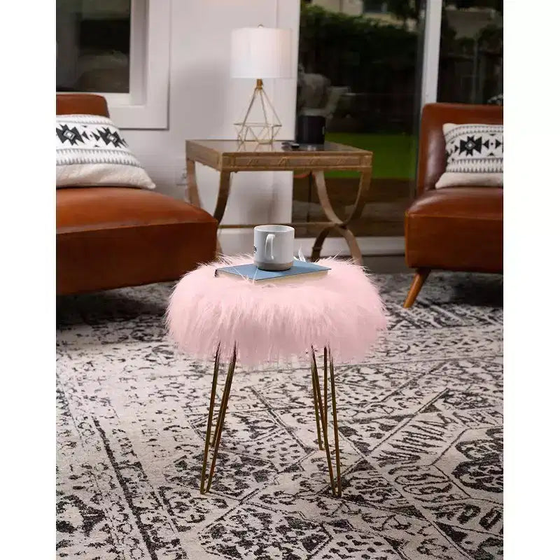 Sgabello/Pouf Rotondo in Finta Pelliccia BirdRock Home - Rosa con Gambe Oro Chiaro