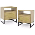 Costway 2PCS Nightstand w/ Cabinet Wooden Side End Table Rattan Decorated Door Oak