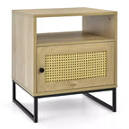 Costway 2 comodini con armadietto, tavolino laterale in legno, anta decorata in rattan, color rovere