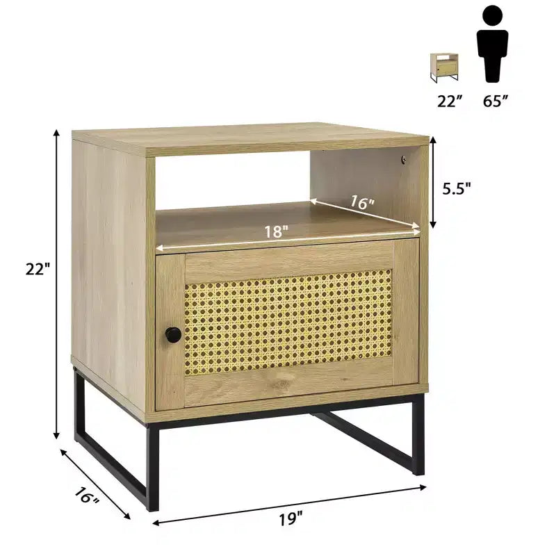 Costway 2 comodini con armadietto, tavolino laterale in legno, anta decorata in rattan, color rovere