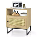 Costway 2 comodini con armadietto, tavolino laterale in legno, anta decorata in rattan, color rovere