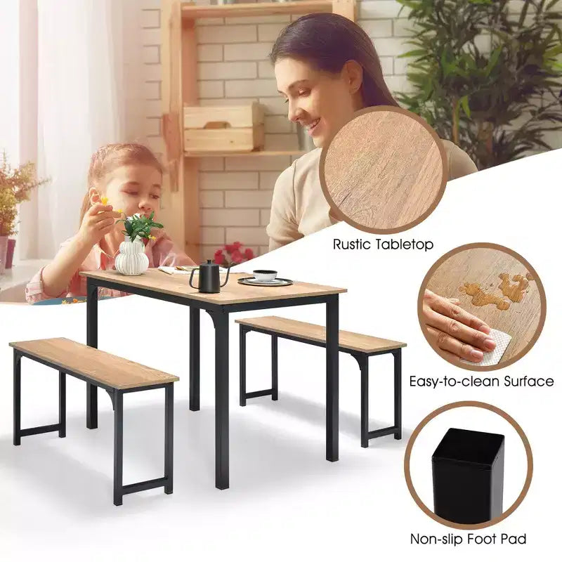 Costway Set da 3 Pezzi Tavolo da Pranzo Moderno con Panca, Struttura in Metallo e Piano in Legno