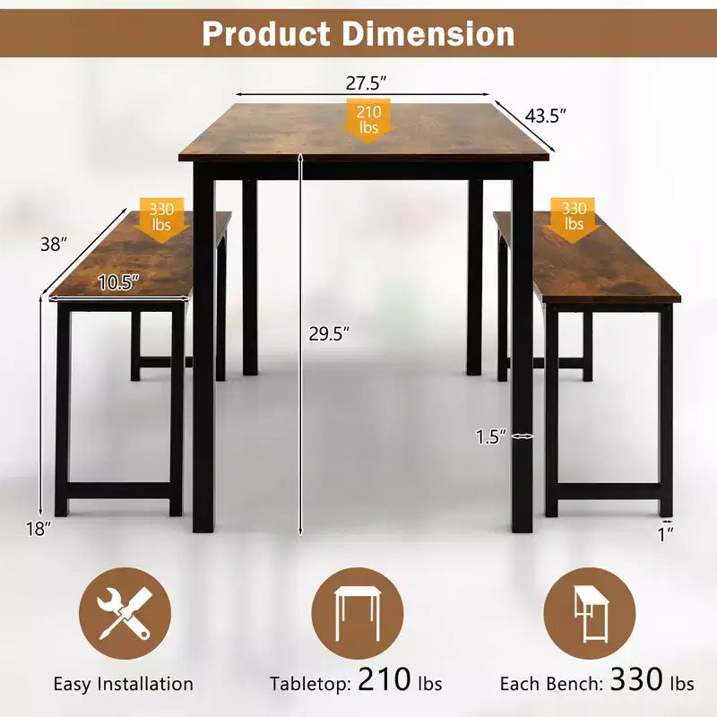 Costway Set da 3 Pezzi Tavolo da Pranzo Moderno con Panca, Struttura in Metallo e Piano in Legno