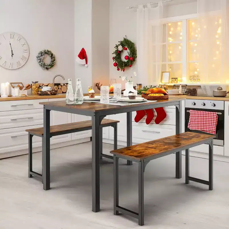 Costway Set da 3 Pezzi Tavolo da Pranzo Moderno con Panca, Struttura in Metallo e Piano in Legno