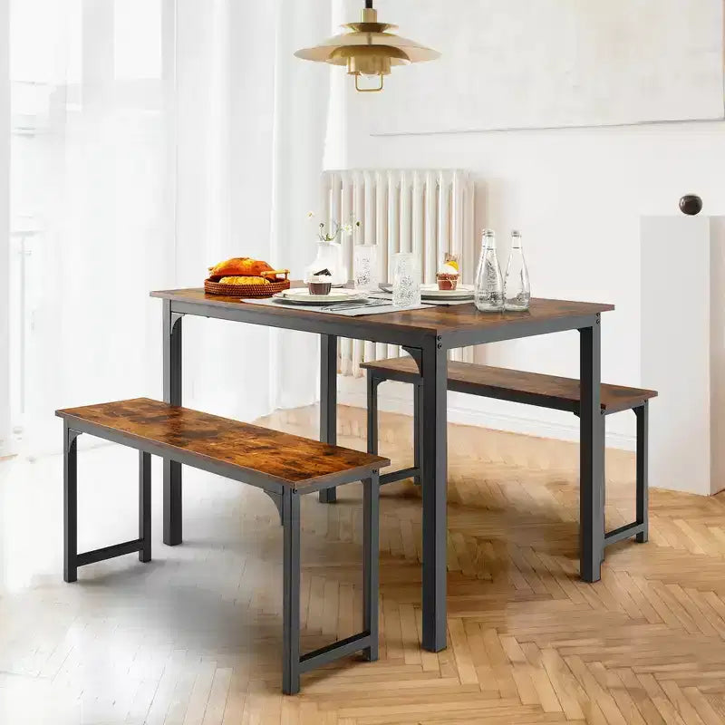 Costway Set da 3 Pezzi Tavolo da Pranzo Moderno con Panca, Struttura in Metallo e Piano in Legno