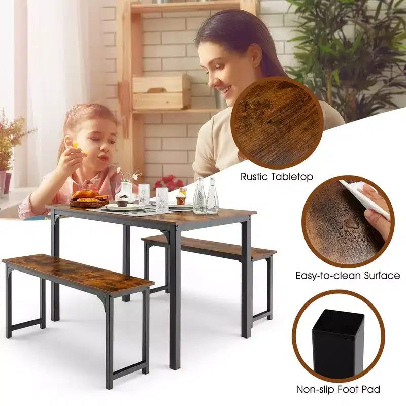 Costway Set da 3 Pezzi Tavolo da Pranzo Moderno con Panca, Struttura in Metallo e Piano in Legno