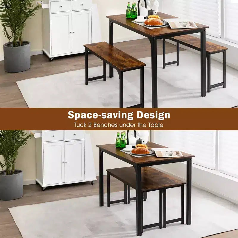 Costway Set da 3 Pezzi Tavolo da Pranzo Moderno con Panca, Struttura in Metallo e Piano in Legno