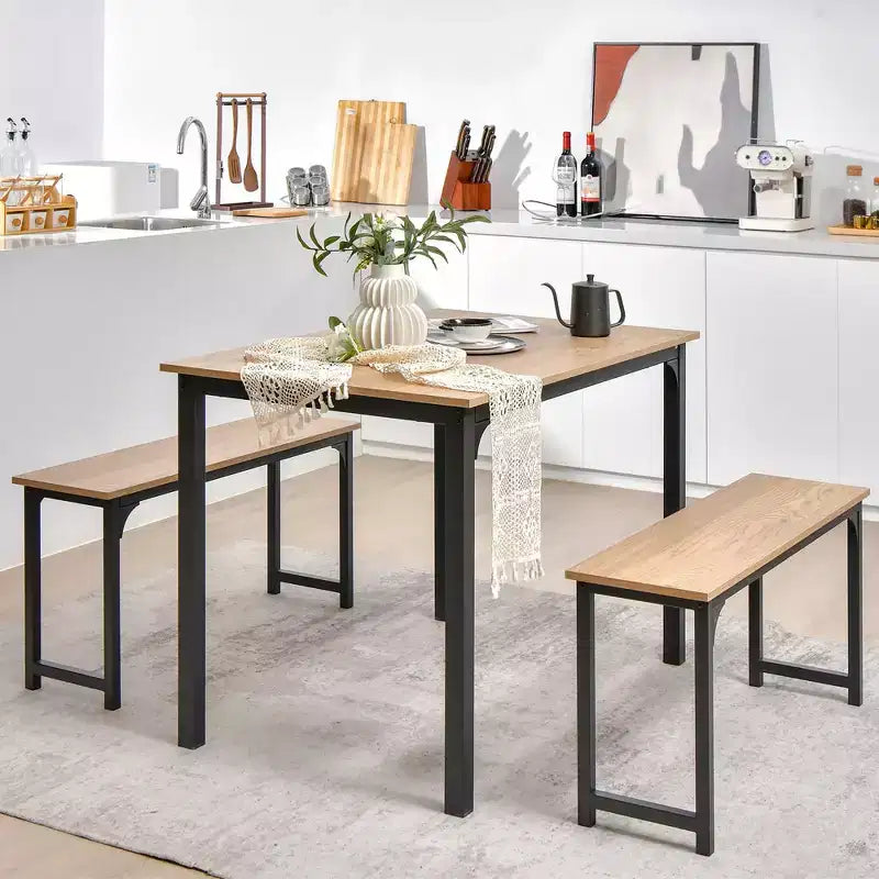 Costway Set da 3 Pezzi Tavolo da Pranzo Moderno con Panca, Struttura in Metallo e Piano in Legno