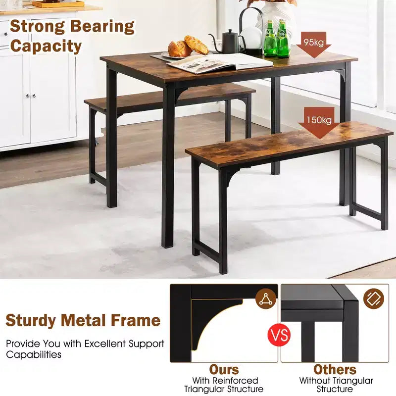 Costway Set da 3 Pezzi Tavolo da Pranzo Moderno con Panca, Struttura in Metallo e Piano in Legno