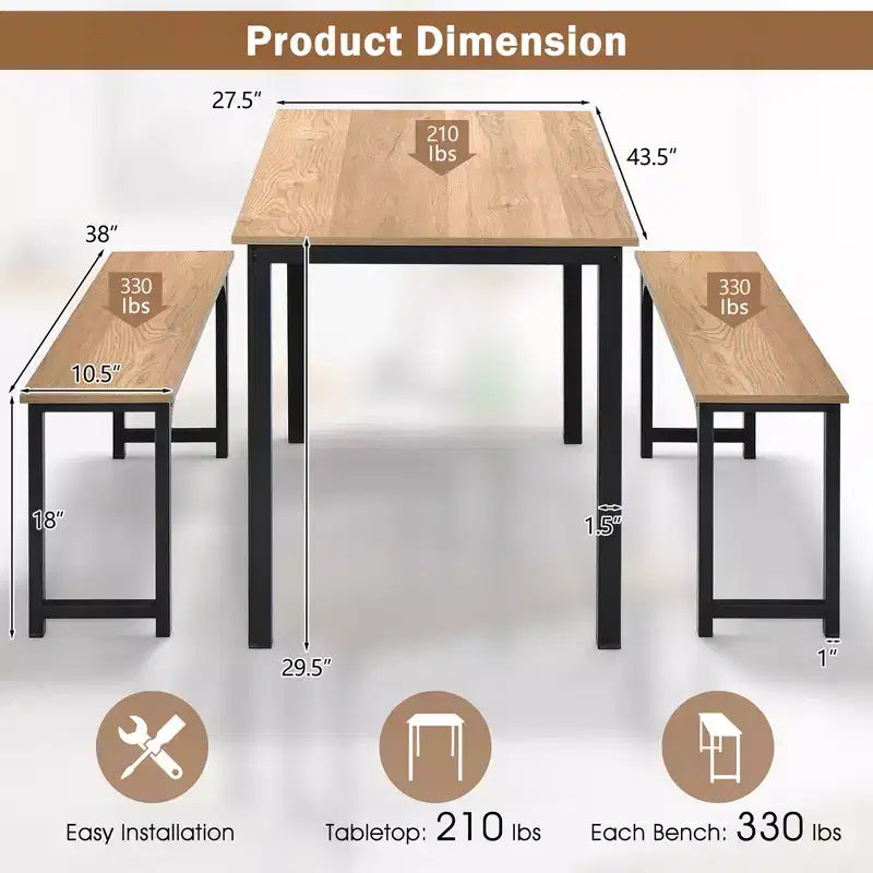 Costway Set da 3 Pezzi Tavolo da Pranzo Moderno con Panca, Struttura in Metallo e Piano in Legno