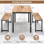 Costway Set da 3 Pezzi Tavolo da Pranzo Moderno con Panca, Struttura in Metallo e Piano in Legno