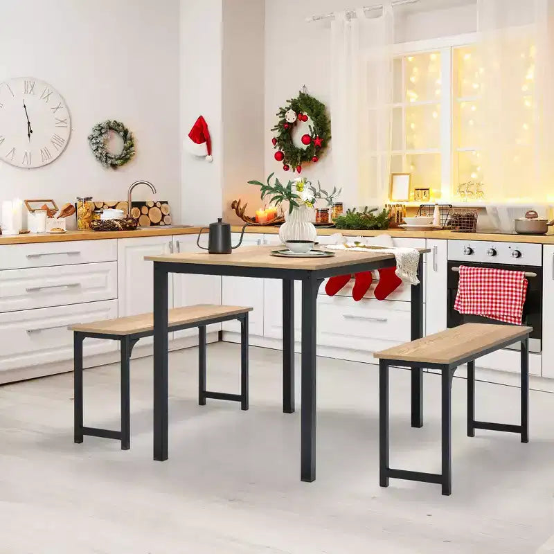 Costway Set da 3 Pezzi Tavolo da Pranzo Moderno con Panca, Struttura in Metallo e Piano in Legno