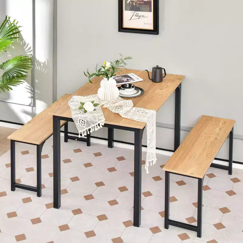 Costway Set da 3 Pezzi Tavolo da Pranzo Moderno con Panca, Struttura in Metallo e Piano in Legno
