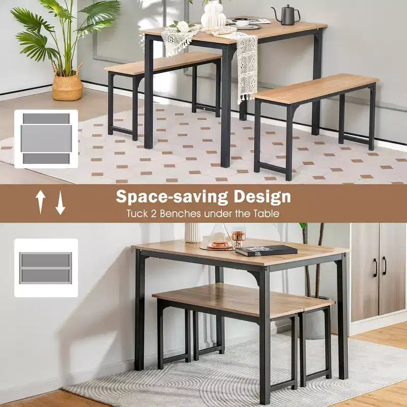 Costway Set da 3 Pezzi Tavolo da Pranzo Moderno con Panca, Struttura in Metallo e Piano in Legno