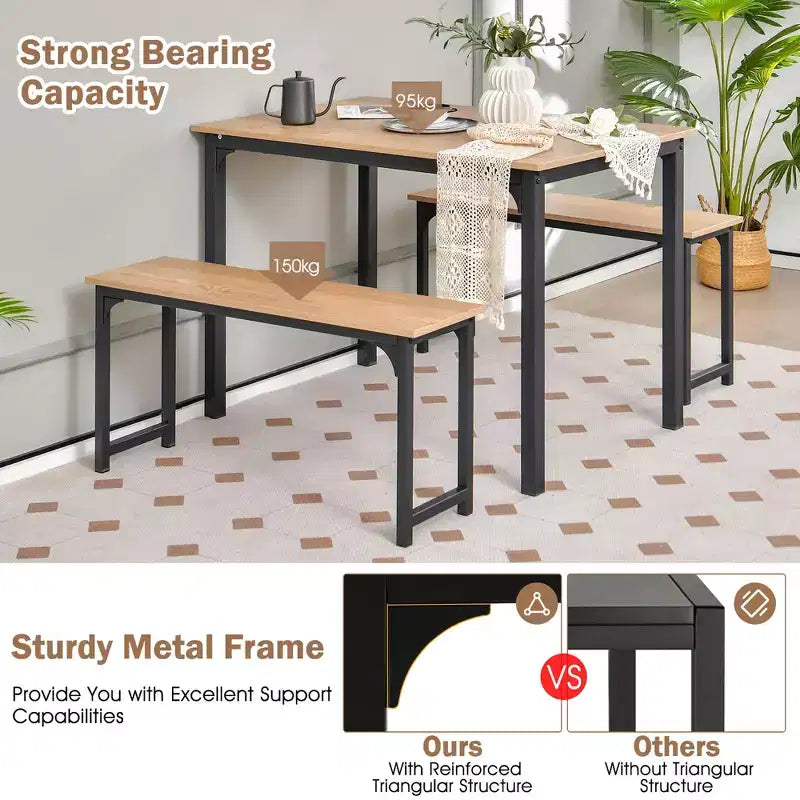 Costway Set da 3 Pezzi Tavolo da Pranzo Moderno con Panca, Struttura in Metallo e Piano in Legno