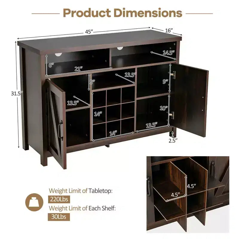 Costway Credenza da Cucina, Madia Contenitore Stile Industriale con Porta Bottiglie Vino a 9 Scomparti e 2 Ante