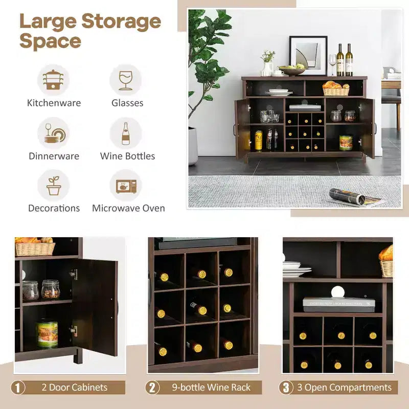 Costway Credenza da Cucina, Madia Contenitore Stile Industriale con Porta Bottiglie Vino a 9 Scomparti e 2 Ante