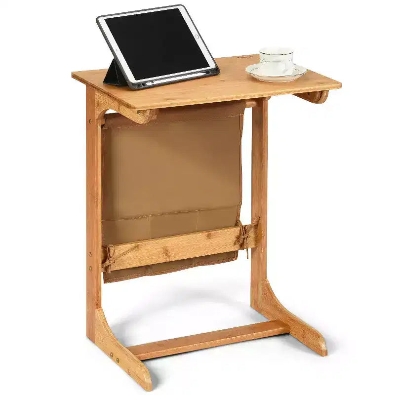 Costway Tavolino da Divano in Bambù Scrivania per Laptop Tavolino da Caffè Tavolino da Salotto con Borsa Portaoggetti