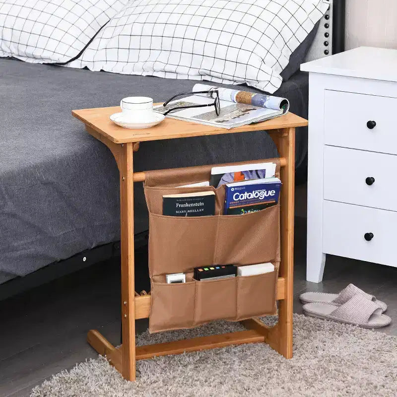 Costway Tavolino da Divano in Bambù Scrivania per Laptop Tavolino da Caffè Tavolino da Salotto con Borsa Portaoggetti