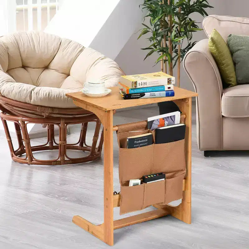 Costway Tavolino da Divano in Bambù Scrivania per Laptop Tavolino da Caffè Tavolino da Salotto con Borsa Portaoggetti