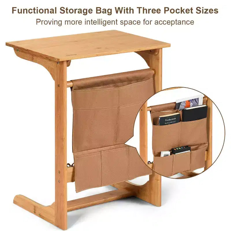 Costway Tavolino da Divano in Bambù Scrivania per Laptop Tavolino da Caffè Tavolino da Salotto con Borsa Portaoggetti