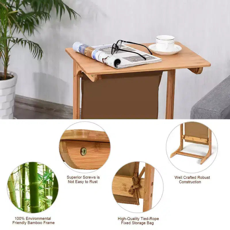 Costway Tavolino da Divano in Bambù Scrivania per Laptop Tavolino da Caffè Tavolino da Salotto con Borsa Portaoggetti