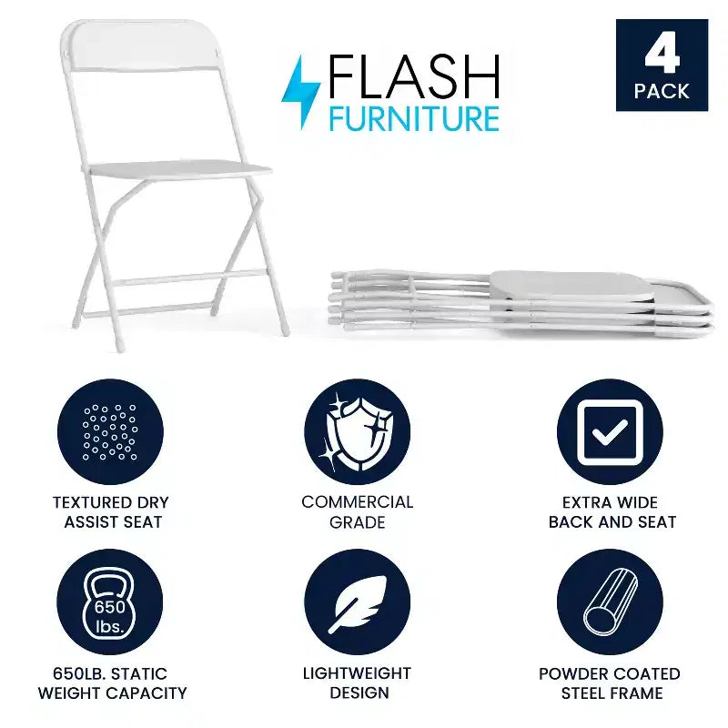 Flash Furniture Hercules Big and Tall Commercial Folding Chair - Sedia Pieghevole Commerciale Extra Large Capacità 295 kg - Plastica Resistente - Confezione da 4