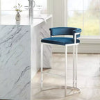 Studio 55D Jazmin Sgabello da bar in acciaio inossidabile lucido, argento, 78,7 cm di altezza, cuscino moderno blu con schienale basso e poggiapiedi per bancone da cucina e isola