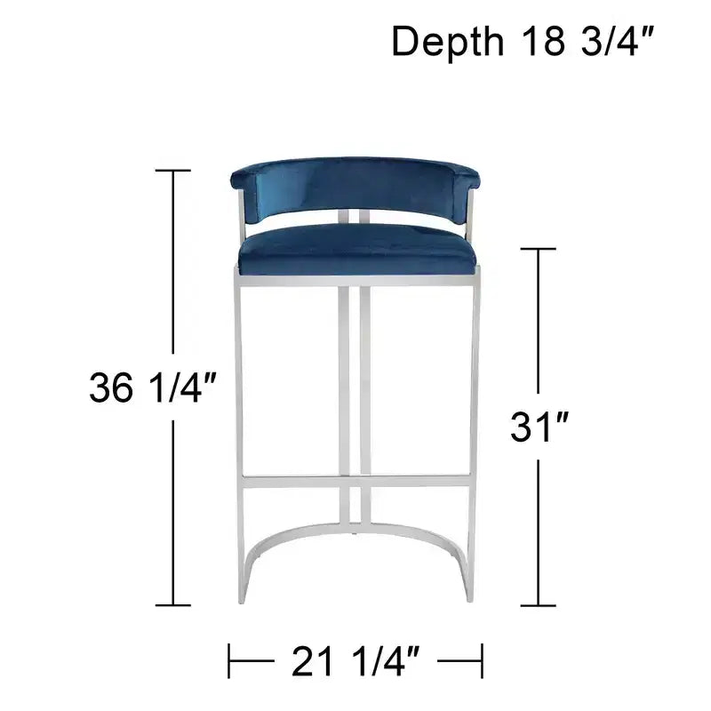 Studio 55D Jazmin Sgabello da bar in acciaio inossidabile lucido, argento, 78,7 cm di altezza, cuscino moderno blu con schienale basso e poggiapiedi per bancone da cucina e isola