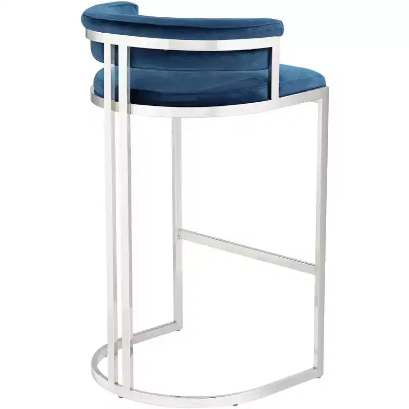 Studio 55D Jazmin Sgabello da bar in acciaio inossidabile lucido, argento, 78,7 cm di altezza, cuscino moderno blu con schienale basso e poggiapiedi per bancone da cucina e isola