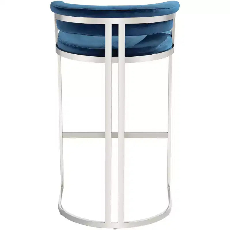 Studio 55D Jazmin Sgabello da bar in acciaio inossidabile lucido, argento, 78,7 cm di altezza, cuscino moderno blu con schienale basso e poggiapiedi per bancone da cucina e isola