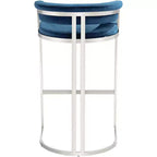 Studio 55D Jazmin Sgabello da bar in acciaio inossidabile lucido, argento, 78,7 cm di altezza, cuscino moderno blu con schienale basso e poggiapiedi per bancone da cucina e isola