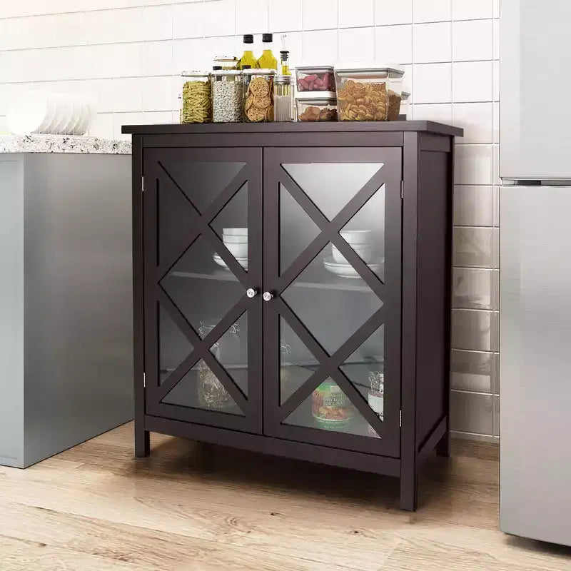 Costway Credenza da Cucina con Ante in Vetro e Ripiano Regolabile Bianco/Marrone